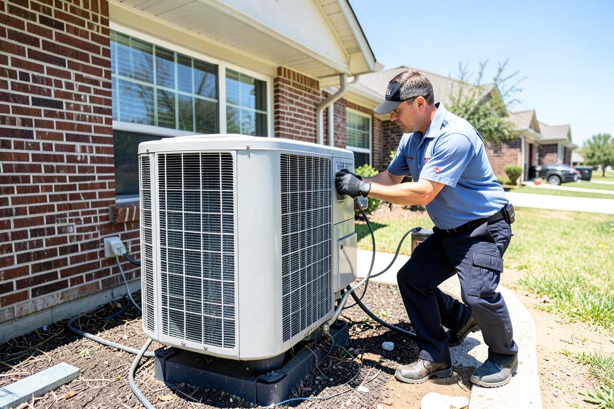 HVAC technician servicing a home air conditioner condenser in North Texas