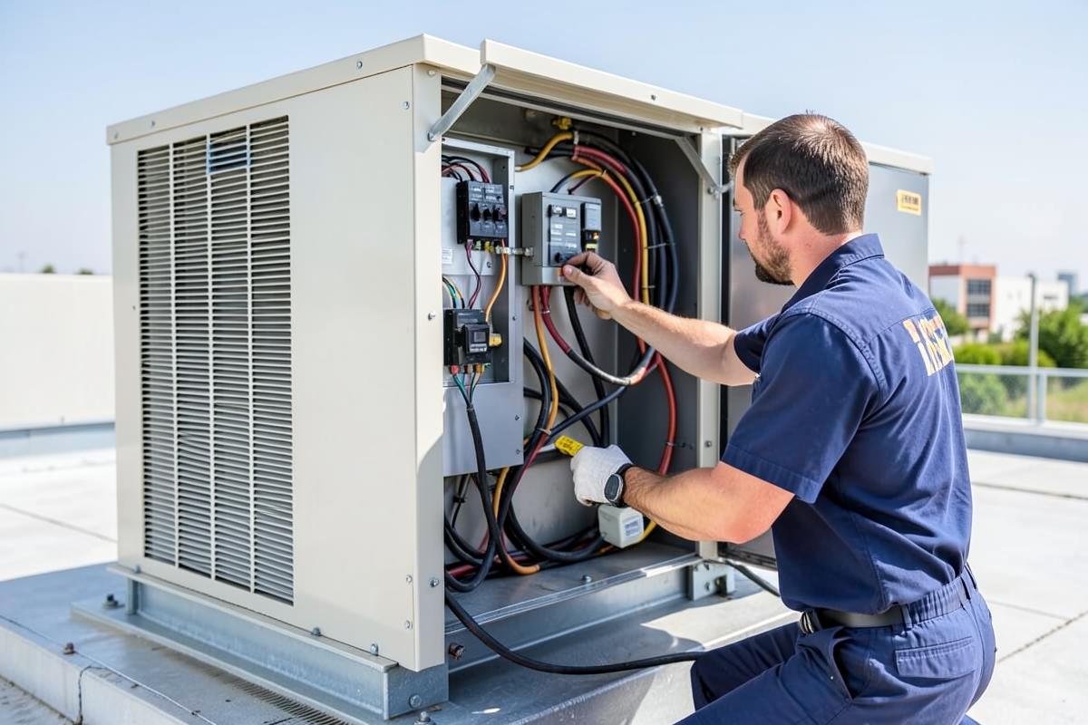 Technician servicing a commercial rooftop unit in North Texas