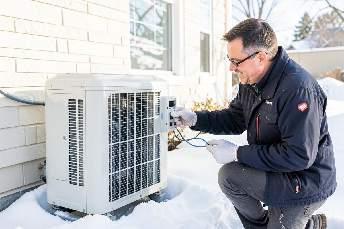 Technician inspecting a residential furnace during a heating repair in North Texas