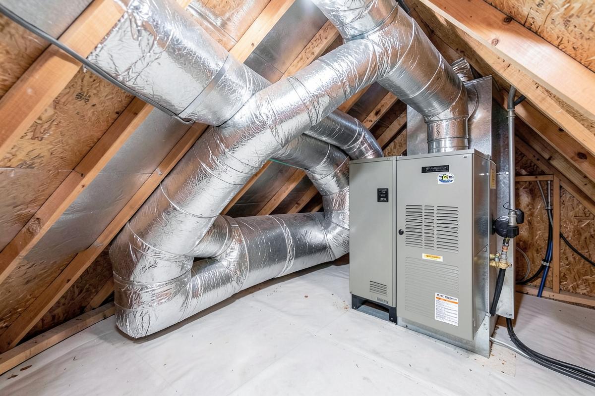 HVAC installer connecting new ductwork in a North Texas construction project