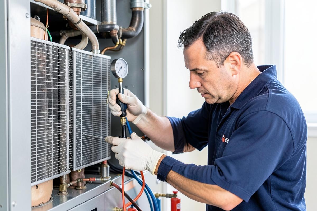 Technician checking refrigerant pressures during HVAC maintenance in North Texas