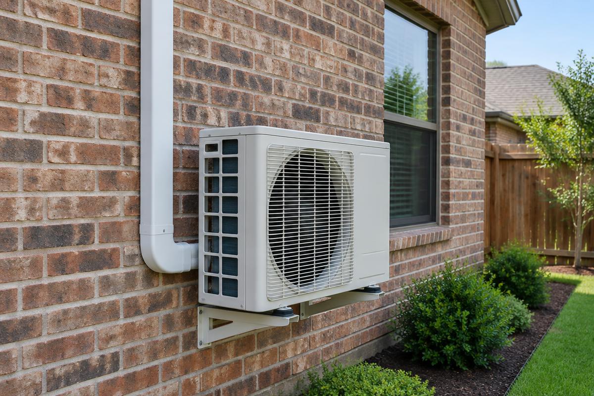 Ductless mini split outdoor condenser mounted on a North Texas brick home