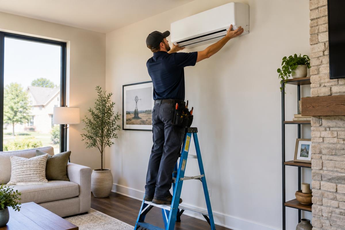 Technician installing a ductless mini split indoor unit in a North Texas home